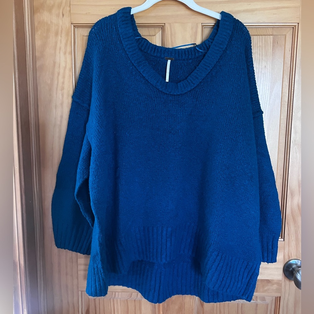 Free People Blue Chunky Knit Crew Neck Sweater